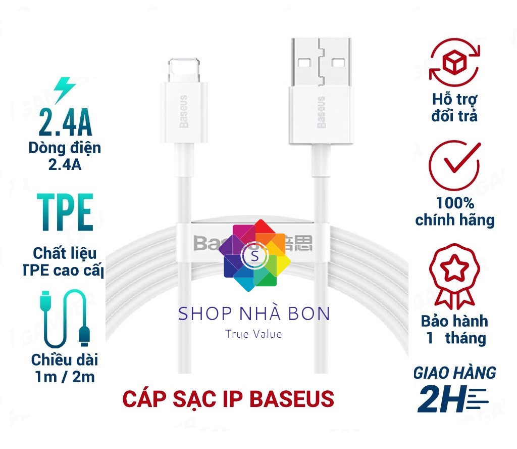 Cáp sạc cho iPhone/ iPad Baseus Superior Series Fast Charging Data Cable USB to iP (2.4A, 480Mbps, Fast charge, ABS/ TPE Cable)- Hàng chính hãng