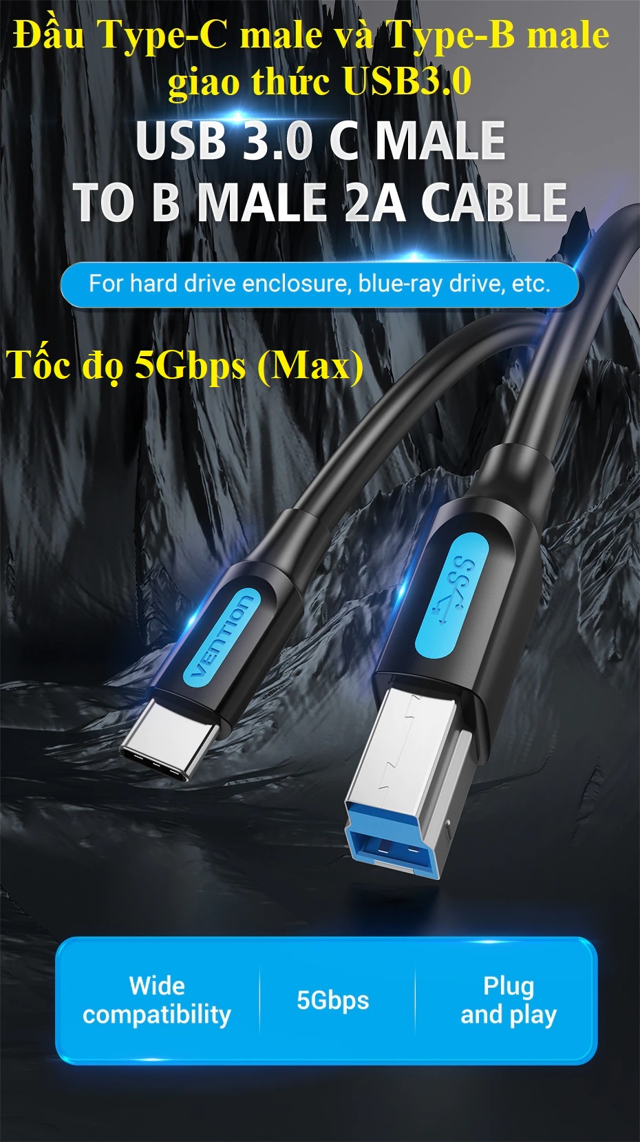 Cáp dữ liệu cáp ổ cứng Type-C3.0 male ra type-B3.0 male Vention CQV _ Hàng chính hãng