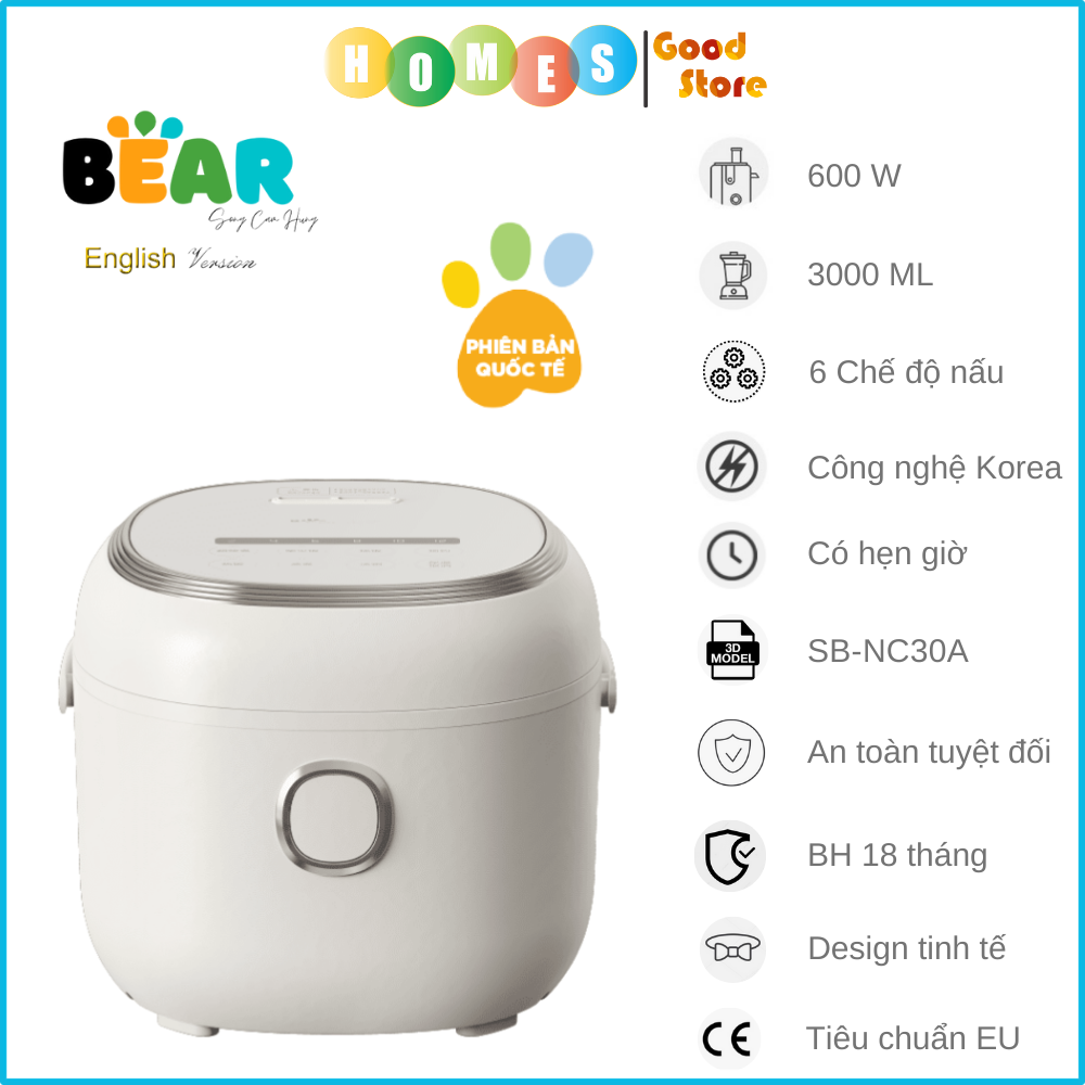 Nồi Cơm Cao Tần, Nồi Cơm Điện Thông Minh Đa Năng BEAR SB-NC30A Nấu Cơm Cực Ngon Dung Tích 3 Lít Công Suất 600 W - Hàng Chính Hãng