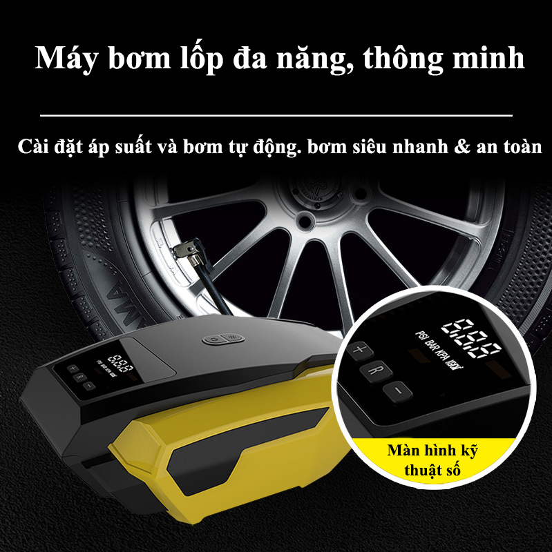 Bơm lốp ô tô, xe hơi thông minh CAR365 Chính Hãng , Màn hình điện tử đo áp suất lốp kèm đèn LED chiếu sáng khi trời tối - CAR18