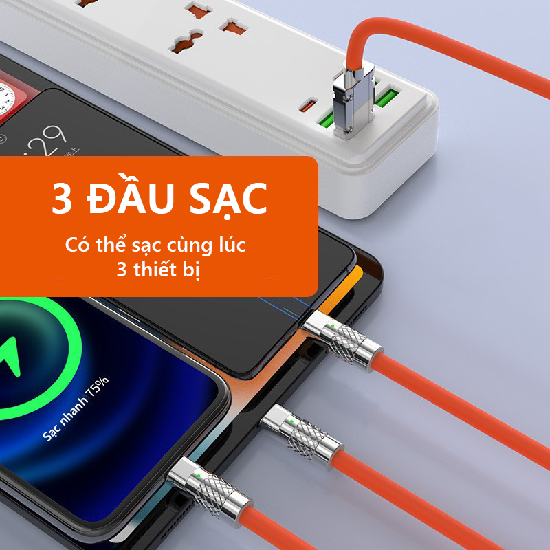 Dây cáp sạc nhanh eXtreme DS5301 cáp sạc 3 đầu 6A type C Android, Light.ning IP, Micro USB đường kính dây lớn - Hàng chính hãng