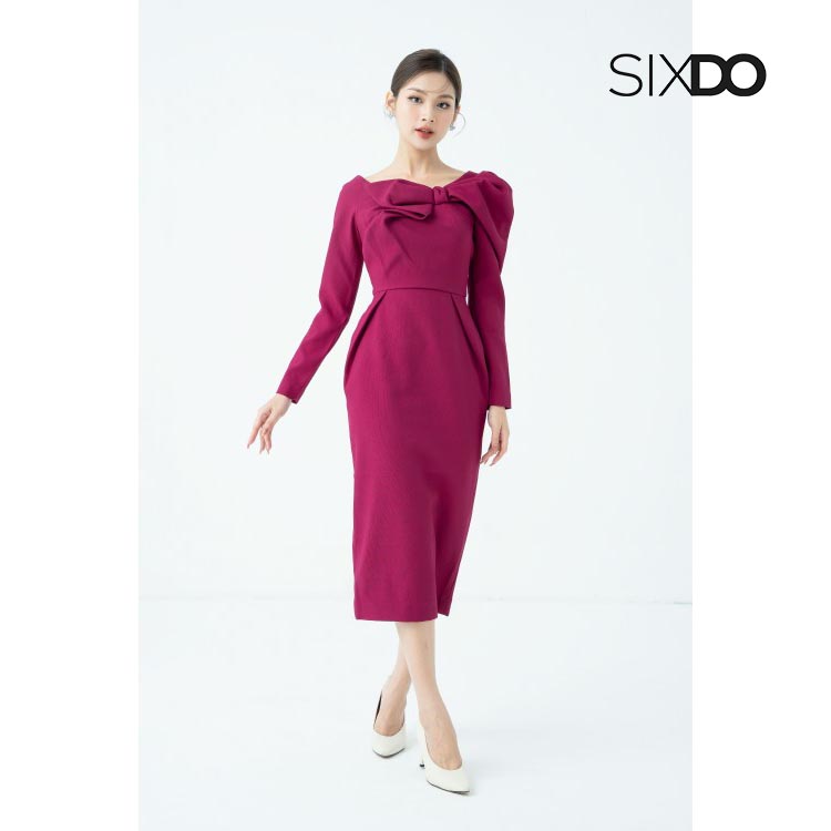 Đầm midi ôm phối nơ lệch vai thời trang SIXDO