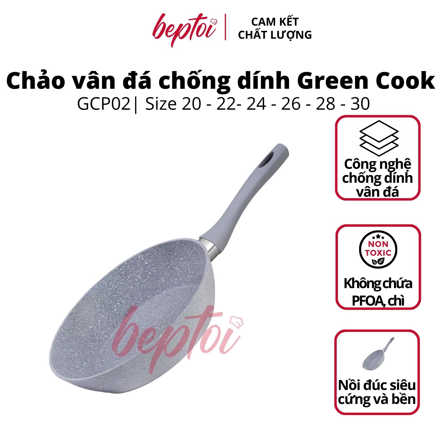 Chảo chống dính đáy từ vân đá Green cook, chảo chống dính bếp từ Green Cook GCP02