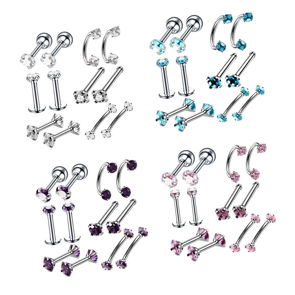 12pcs Stainless Steel Colored Zircon Lip Nose Nail Piercing Jewelry