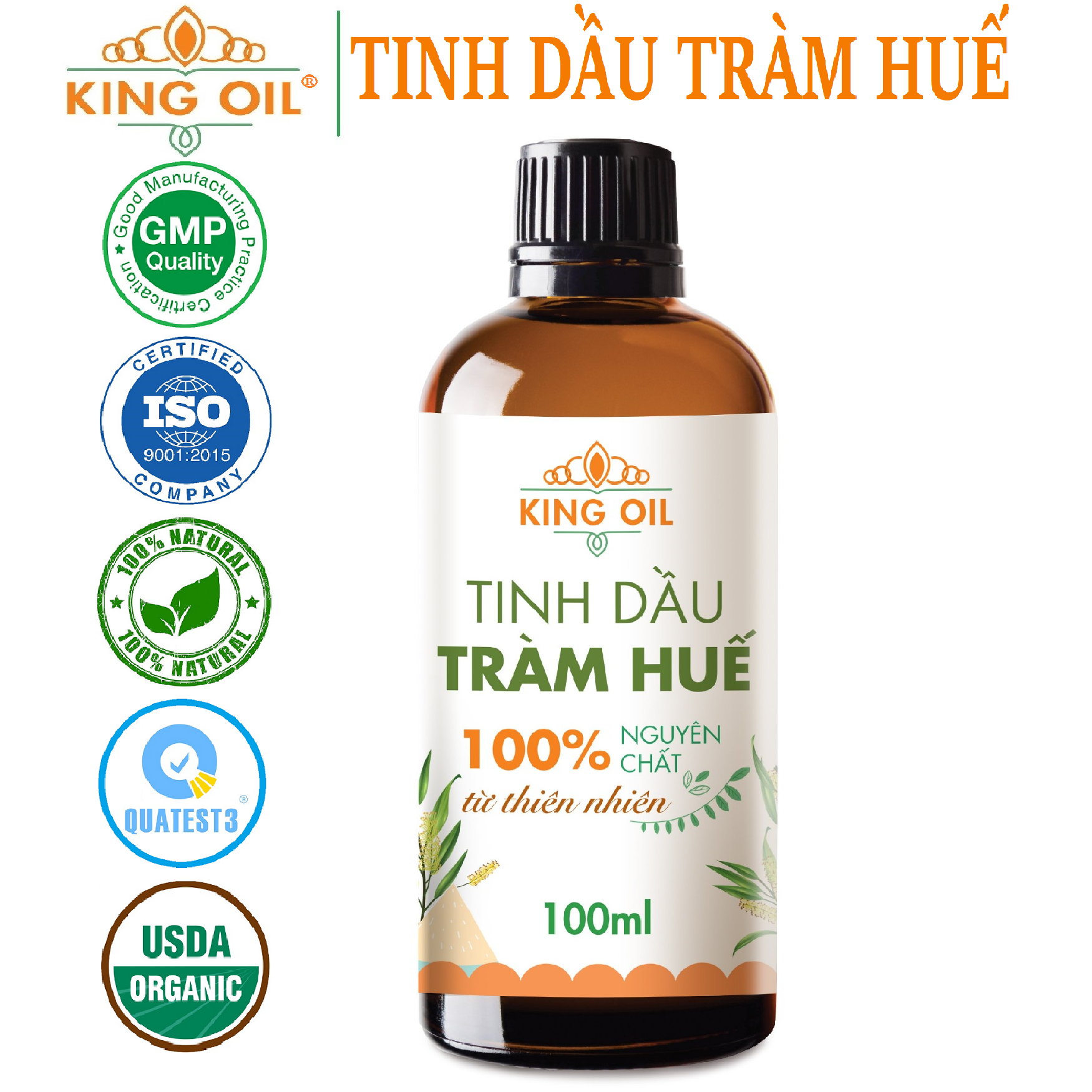 Tinh dầu Tràm Huế nguyên chất từ thiên nhiên, Xuất khẩu thị trường Mỹ, An Toàn Cho Bé, Xông Phòng, Khử Mùi, Kháng Khuẩn, Đuổi Muỗi, Giải Cảm - KingOil