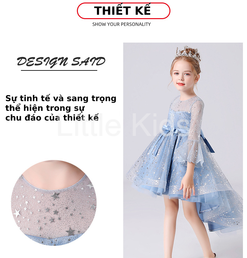 [Có sẵn] Váy đầm bé gái dễ thương, váy đuôi dài dự tiệc cho bé từ 6-12 tuổi màu xanh dương