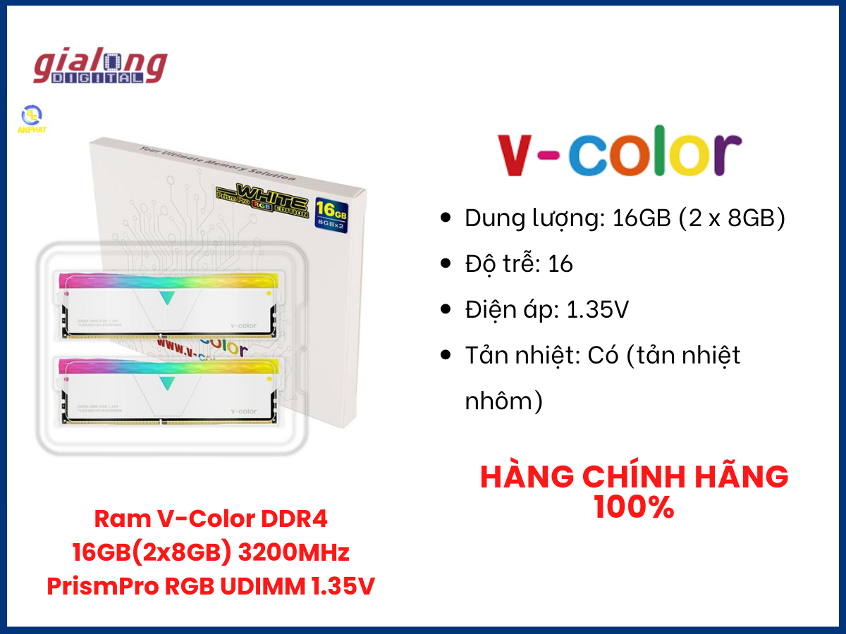 Ram V-Color DDR4 16GB(2x8GB) 3200MHz PrismPro RGB UDIMM 1.35V White - Hàng chính hãng