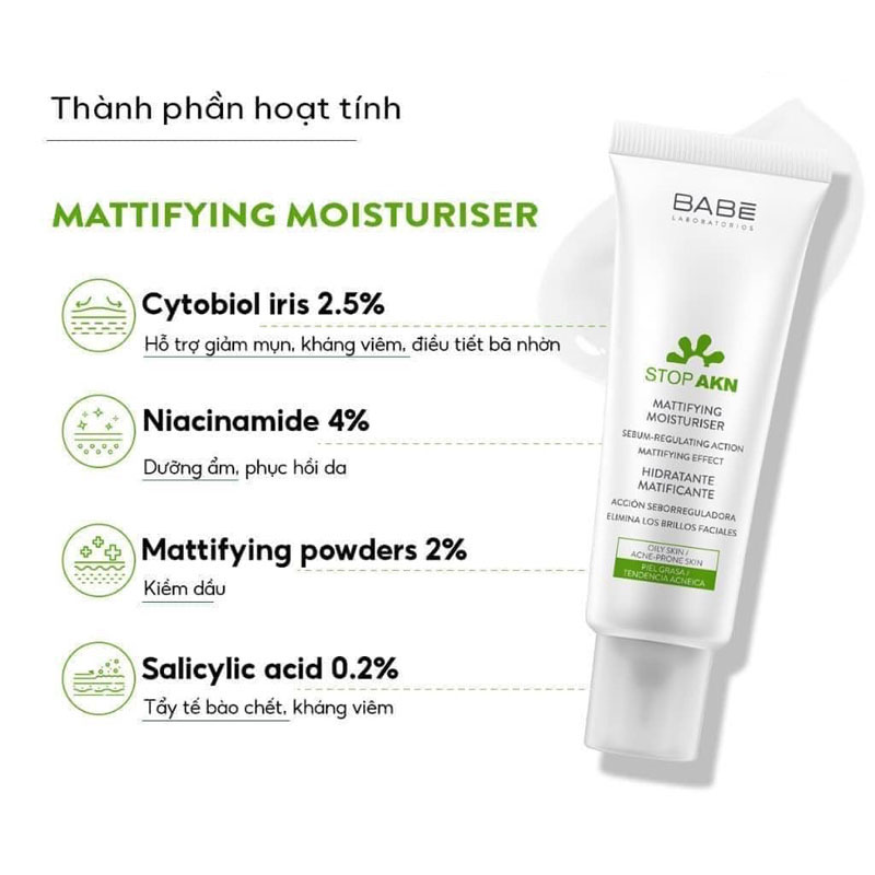 Kem dưỡng ẩm kiềm dầu giảm mụn BABE Stop AKN Mattifying Moisturiser 50ml