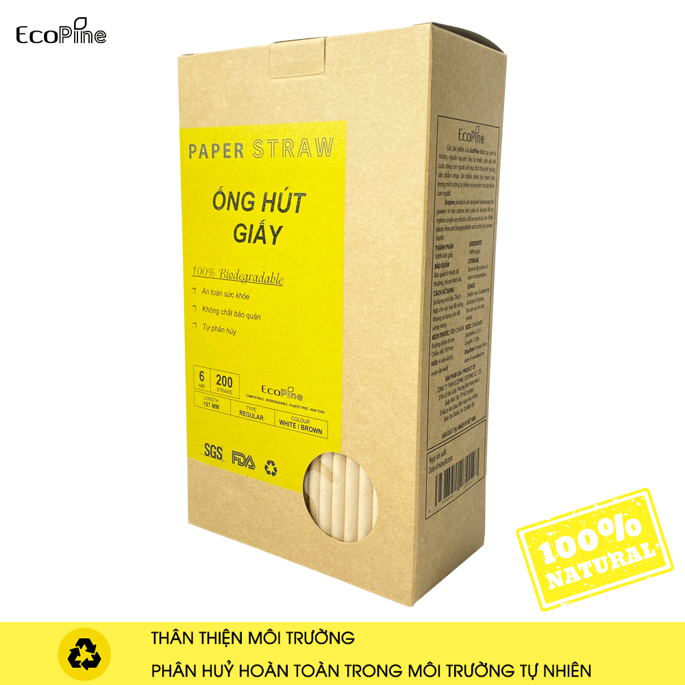 Hộp 200 ống hút giấy phi 6mm màu nâu kraft ECOPINE - Dùng cho cafe, nước ngọt, nước ép