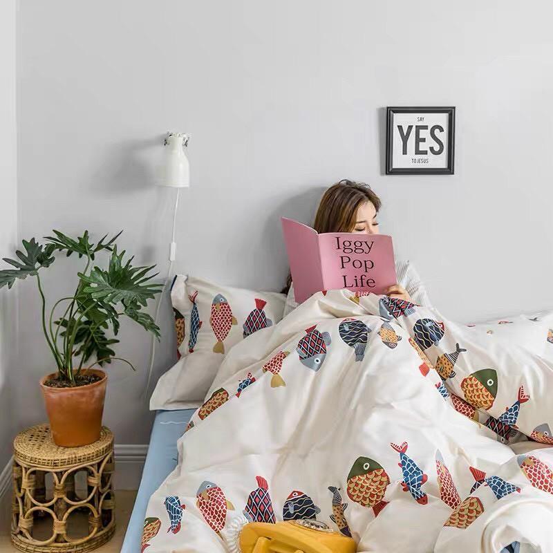 Bộ chăn ga gối cotton poly M2T Bedding Đàn cá xanh, vỏ chăn mền, drap nệm và 2 vỏ gối