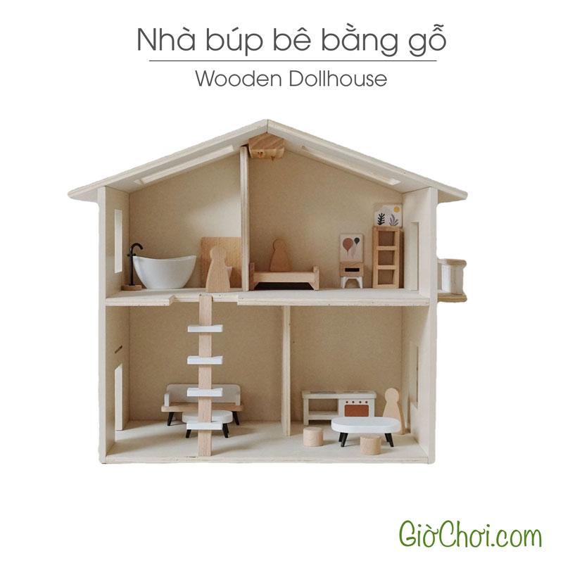 Nhà búp bê bằng gỗ Wooden Dollhouse cho bé từ 3 tuổi