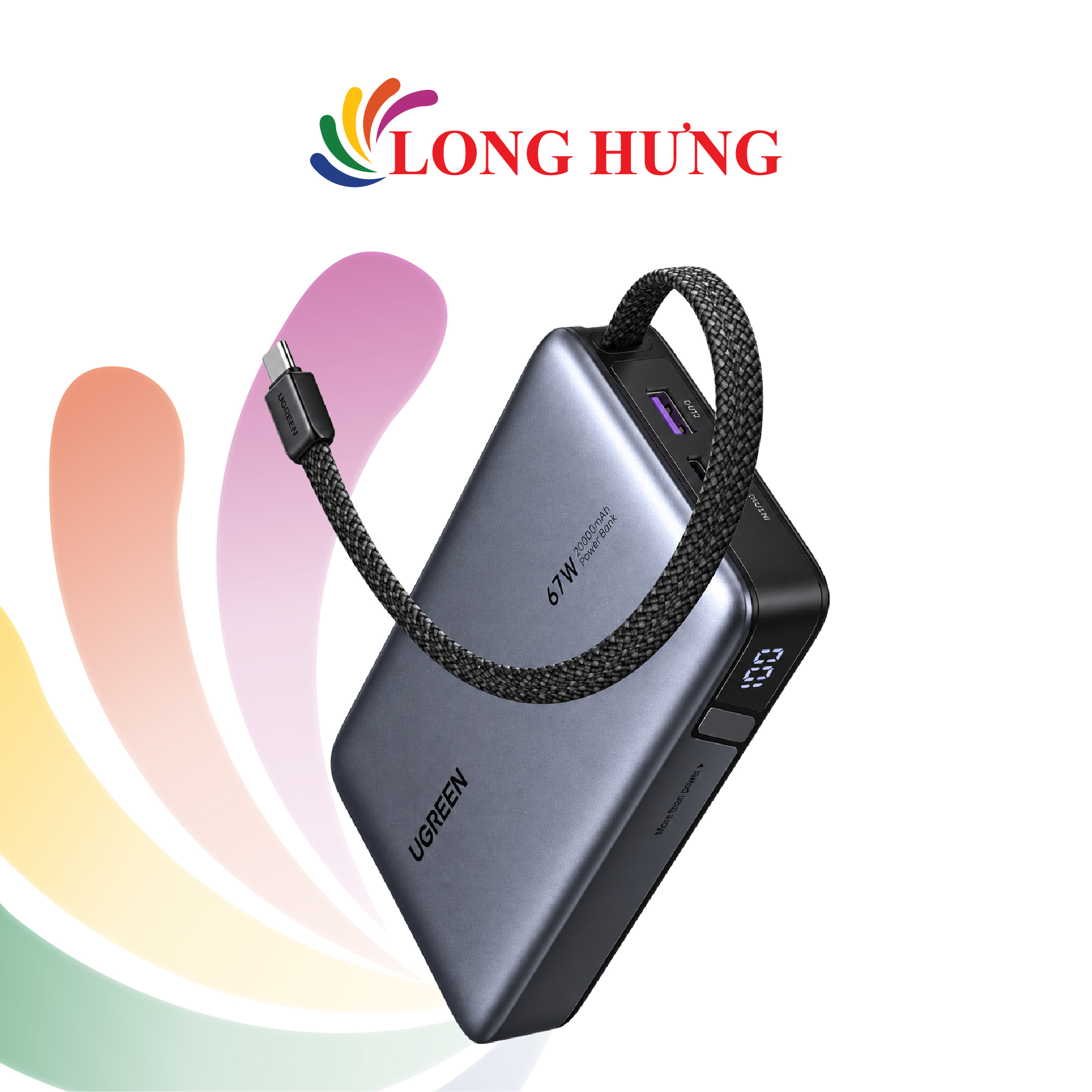 Sạc dự phòng Ugreen Nexode Power Bank Built-In Cable 1USB 1Type-C 67W 20000mAh PB550 85166B - Hàng chính hãng