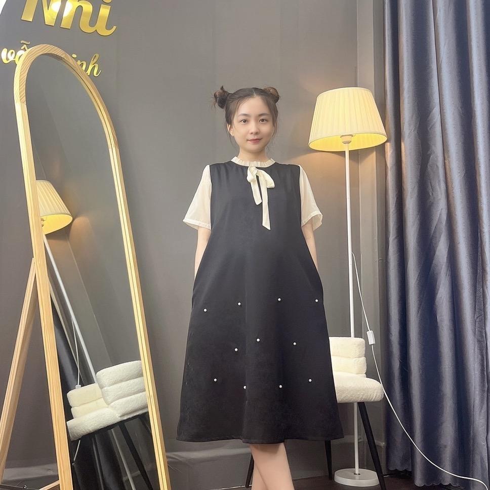 Đầm bầu cổ bèo thắt nơ đính hạt phom suông dễ thương gon dáng, mặc đi làm đi chơi - Đen
