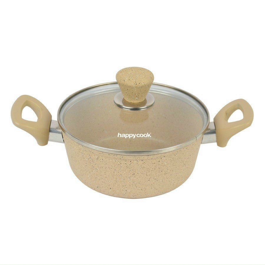 Nồi hợp kim nhôm vân đá men chống dính Happycook size 16cm, tay cầm cách nhiệt, màu ngẫu nhiên_hàng chính hãng