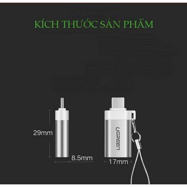 Đầu chuyển đổi cổng USB 3.0 sang Type C đực UGREEN US270 | Hỗ trợ OTG | Có dây gắn móc treo chìa khóa| Hàng chính hãng | Bảo Hành 18 Tháng