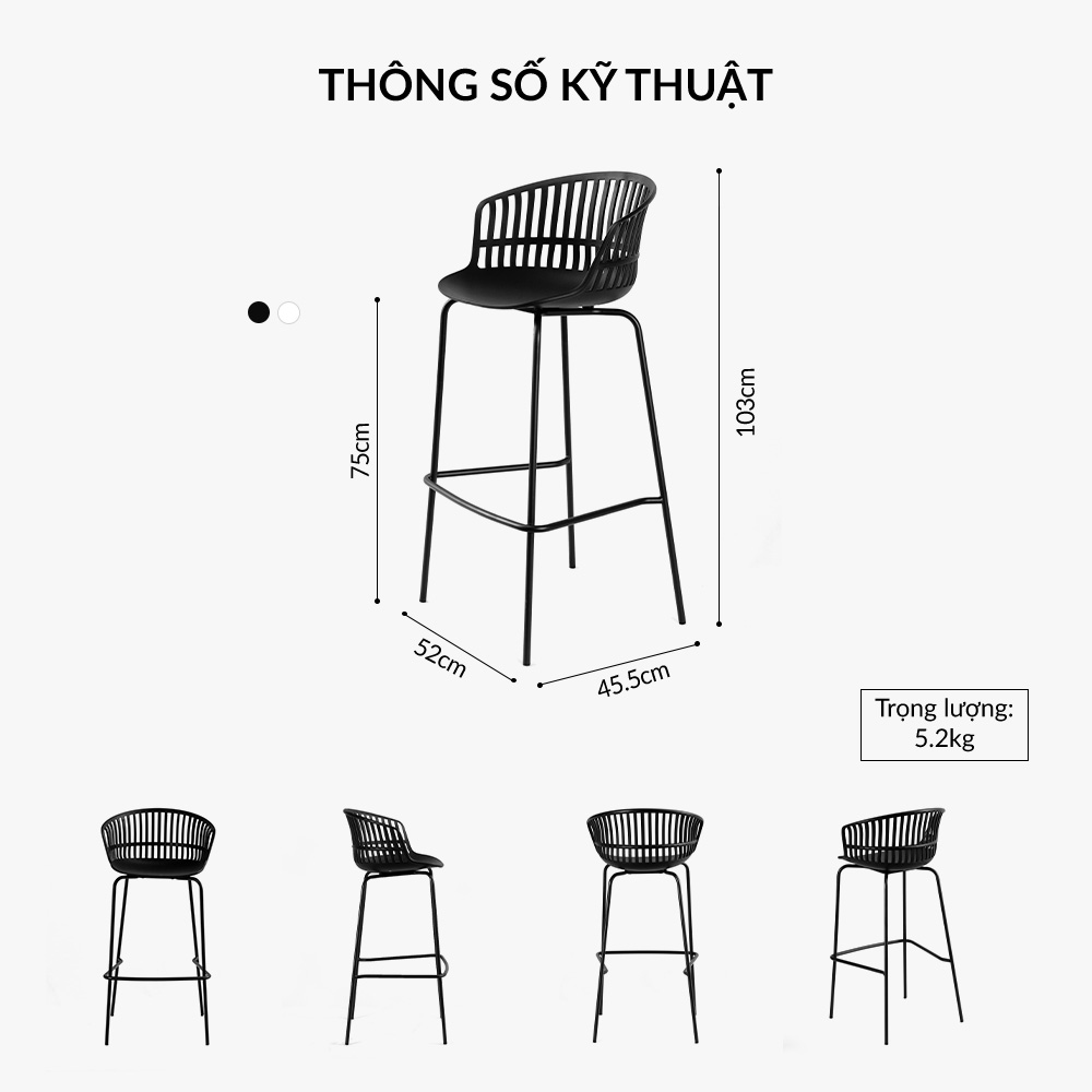 Ghế bar Mặt Nhựa Thoáng Chân Sắt Abella