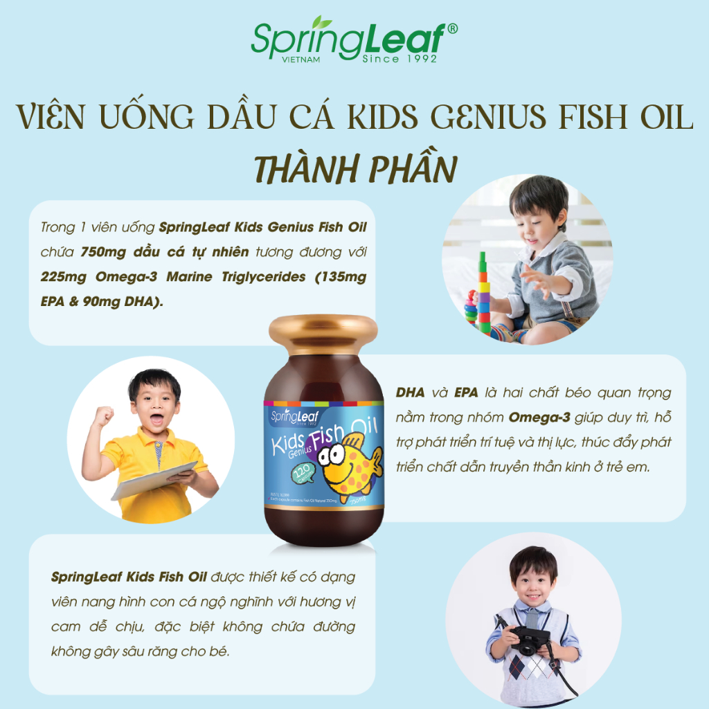 Viên uống dầu cá hỗ trợ sáng mắt và phát triển trí não cho bé SpringLeaf Kids Genius Fish Oil 750mg 120 viên