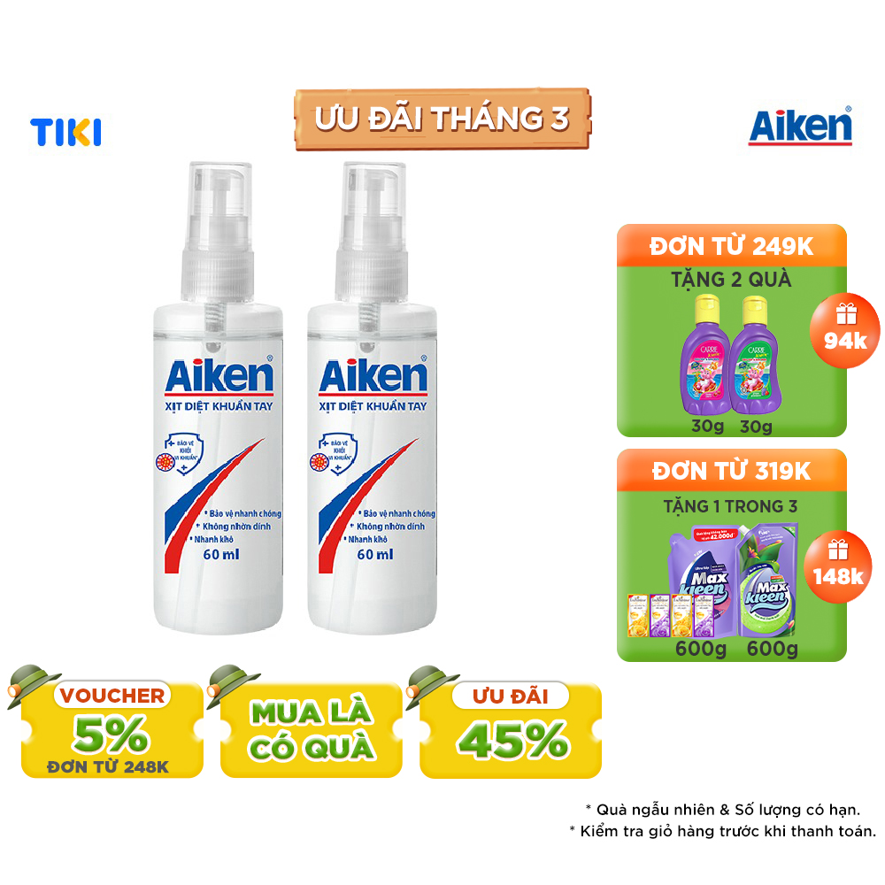 Combo 2 Xịt diệt khuẩn tay Aiken 60ml