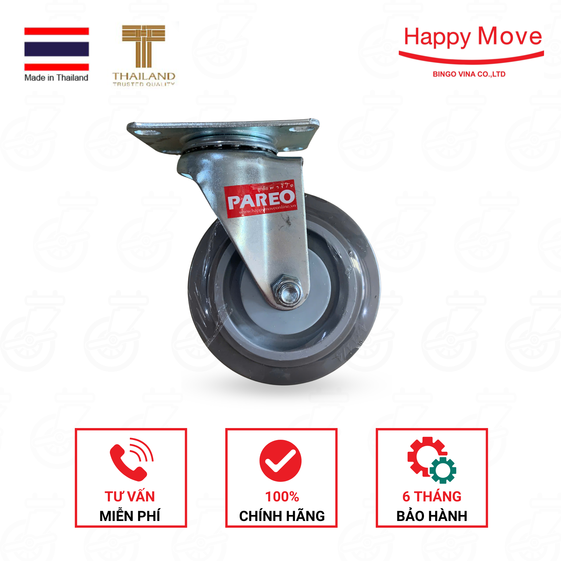 Bánh xe đẩy TPR (cao su xám) càng đế xoay, đường kính 100mm - PAREO