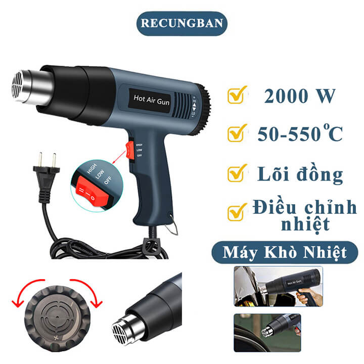 Máy khò nhiệt 2000W có điều chỉnh nhiệt độ, máy thổi hơi nóng  bọc màng co, dán decal, đóng seal hộp