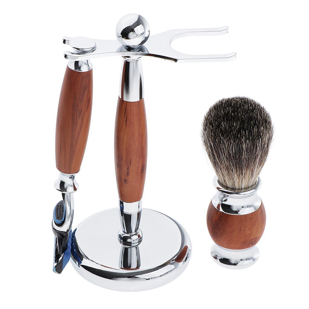 Zinc Alloy + Wood Mens Shaving Kit Gift Set W/5 Layer Blade Razors Brush & Stand Holder