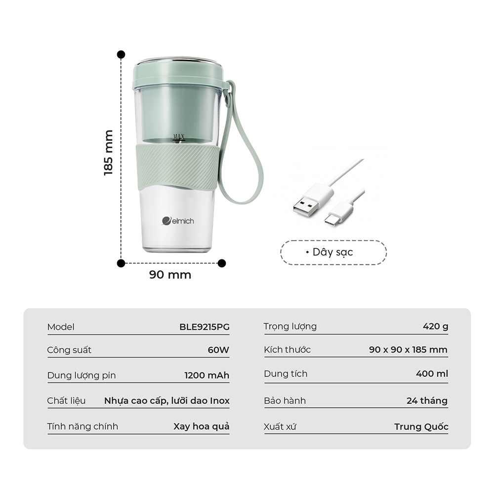 Máy Xay Sinh Tố Cầm Tay Elmich BLE9215 400ml, Hàng Chính Hãng,Lưỡi Dao 10 Cánh,Xay Nhanh 40s-JoyMall