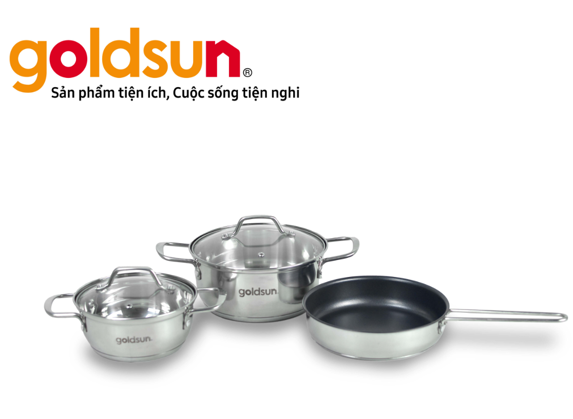 Bộ Nồi Chảo Inox Đáy Từ 3 Lớp GOLDSUN GPS1790, Inox Dập Nguyên Khối, Không Kén Bếp - Hàng Chính Hãng