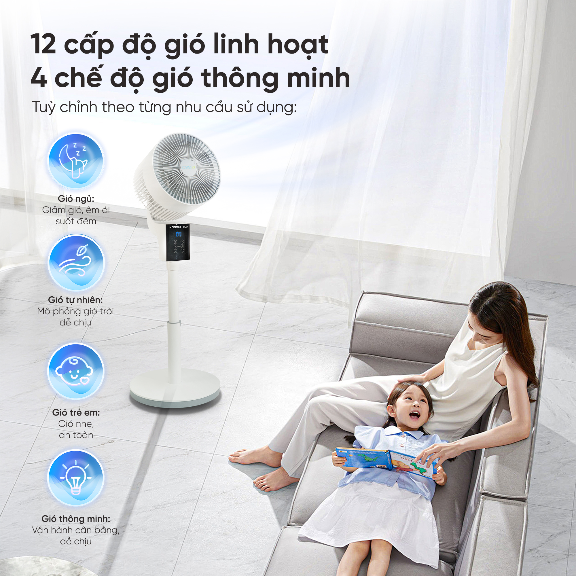 Quạt đối lưu không khí điều khiển bằng giọng nói Kosmen Eco ECO-F40AI-W, quạt thông minh, quạt điện (quạt đứng)