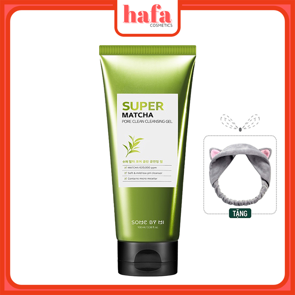 Sữa rửa mặt dịu nhẹ, dưỡng ẩm, thu nhỏ lỗ chân lông Some By Mi Super Matcha pore clean cleansing gel 100ml + Tặng Kèm 1 Băng Đô Tai Mèo