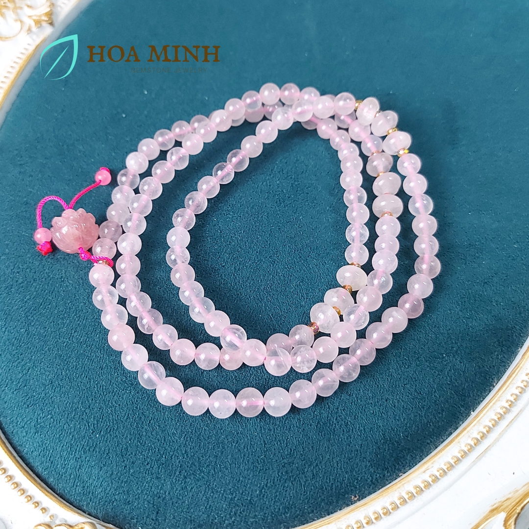 Vòng tay chuỗi 108 hạt Thạch Anh Hồng size 6 li phối hạt bánh xe, charm hoa sen đá thạch anh hồng cho phong thủy mệnh Hỏa, Thổ
