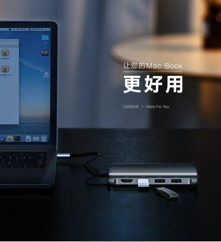 Ugreen UG50538CM121TK 15CM màu Xám Bộ chuyển đổi TYPE C sang 3 USB 3.0 + HDMI + LAN + TF SD + nguồn TYPE C vỏ nhôm - HÀNG CHÍNH HÃNG