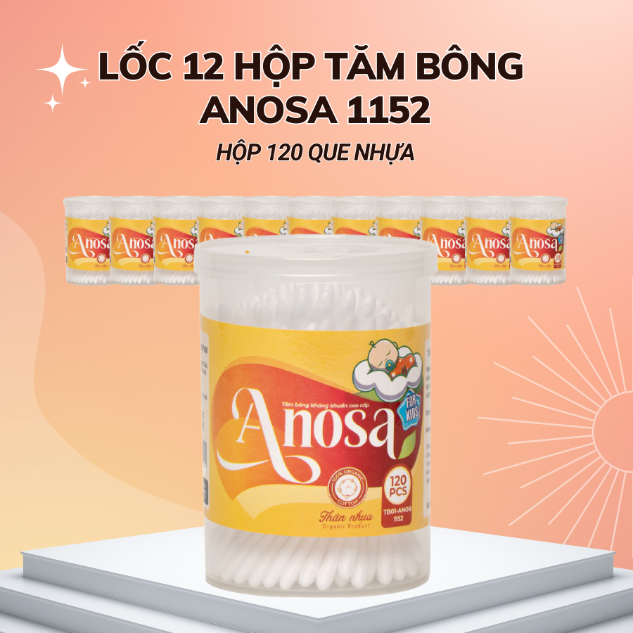Lốc 12 hộp Tăm bông Anosa trẻ em thân nhựa hộp 120 que TB01-1152