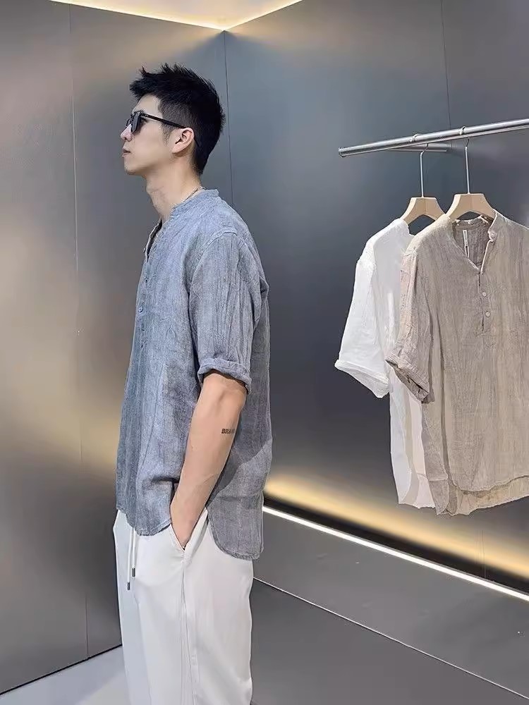 Áo sơ mi đũi nam retro ngắn tay cổ tàu mẫu mới cao cấp