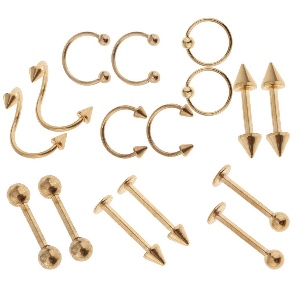 16pcs 16G Stainless Steel Curved Barbell Spike Nose Navel Eyebrow Tongue Ring