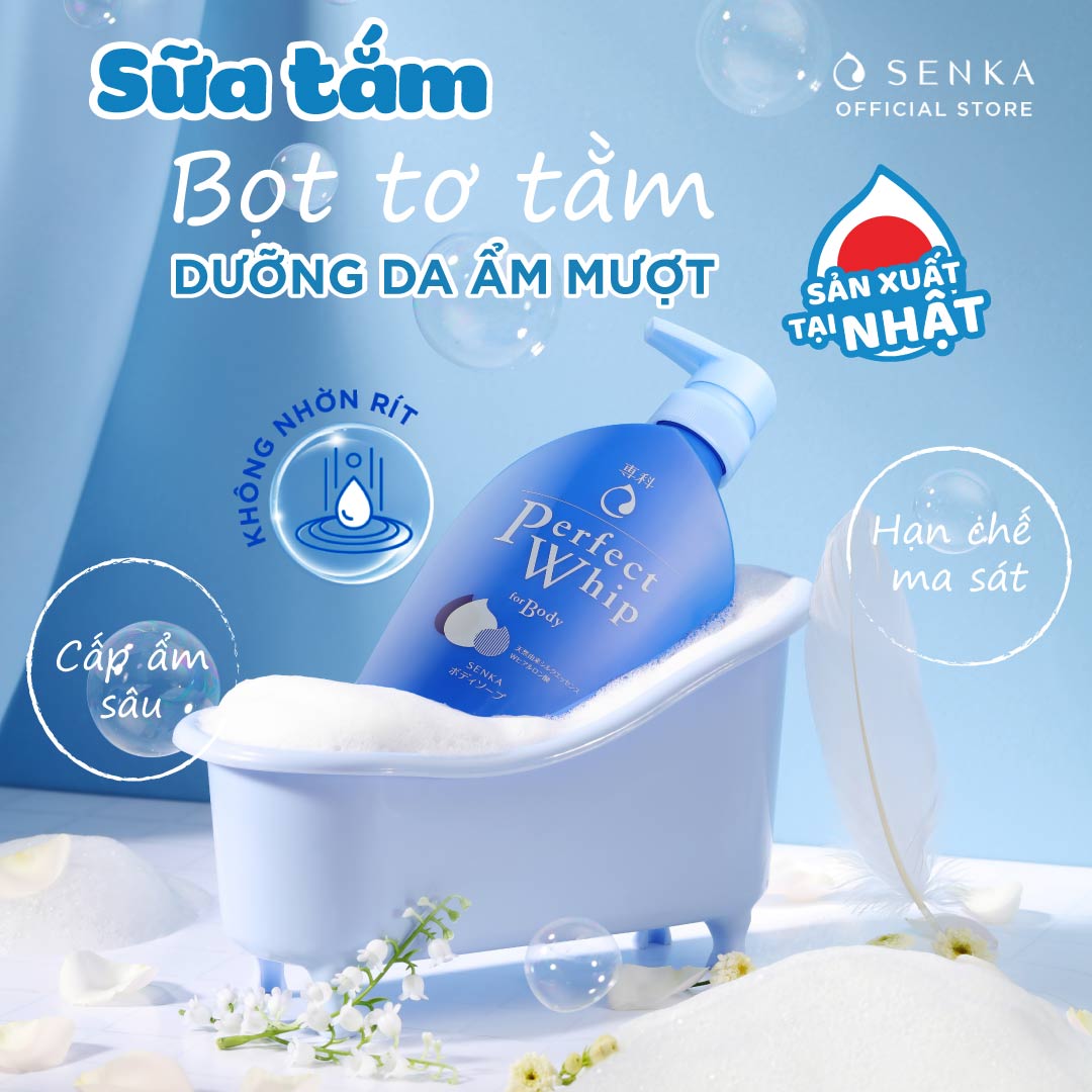 Combo Sữa tắm dưỡng ẩm Senka Perfect Whip 500ml và Sữa rửa mặt sạch ẩm mịn tự nhiên với bọt tơ tằm trắng Perfect Whip 120g