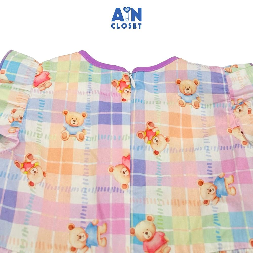 Đầm bé gái họa tiết Caro Gấu Tím cotton - AICDBGLJRGQE - AIN Closet