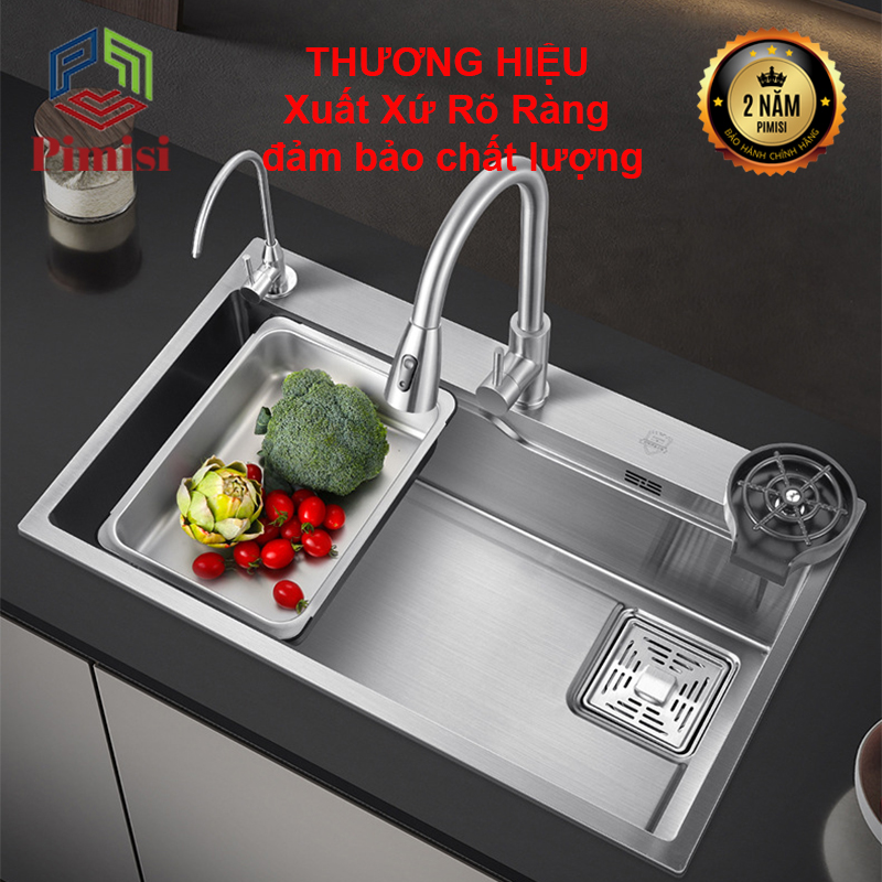 Chậu Rửa Bát Inox 1 Hố To Pimisi PB-7846 Luxury Làm Từ Thép Không Gỉ Inox Cao Cấp Kiểu Ngăn Lớn 1 Hộc, Kèm 1 Khay Bồn Rửa Chén Nhỏ Đơn Phụ Gác Chậu -  Tháo Rời Với Đầy Đủ Phụ Kiện Xi Phông, Gắn Được Cả Bán Âm - Dương Bàn Đá Bếp | Hàng Chính Hãng