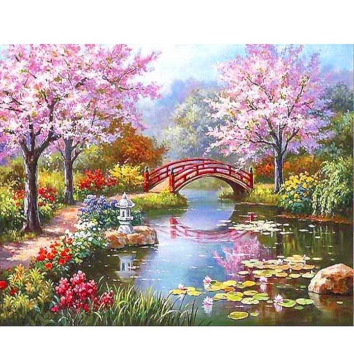 Tranh sơn dầu số hoá tự vẽ có khung đã căn 40x50 cm - Cầu hoa