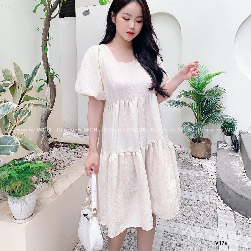 Váy baybydoll 2 tầng, cổ vuông, tay bo phồng, đầm xuông rộng freesize 3 màu mã V176 - Michi's House
