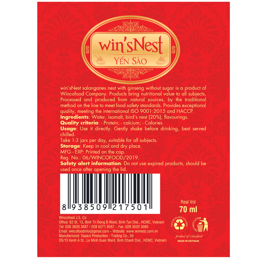 Thùng 72 lọ Yến Sào win'sNest Tổ Yến Chưng Sẵn nhân sâm không đường lọ (70ml)