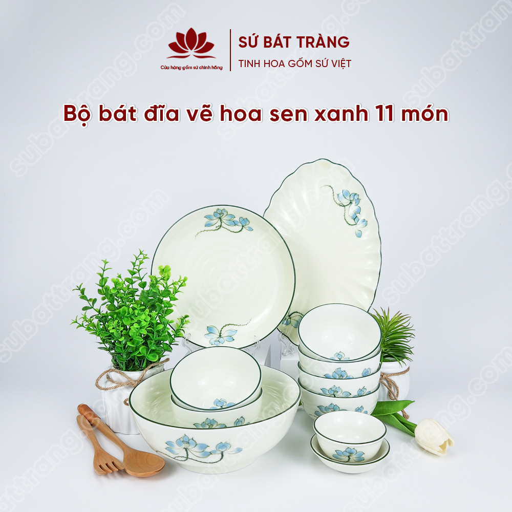 Bộ bát đĩa vẽ hoa sen xanh cao cấp Bát Tràng