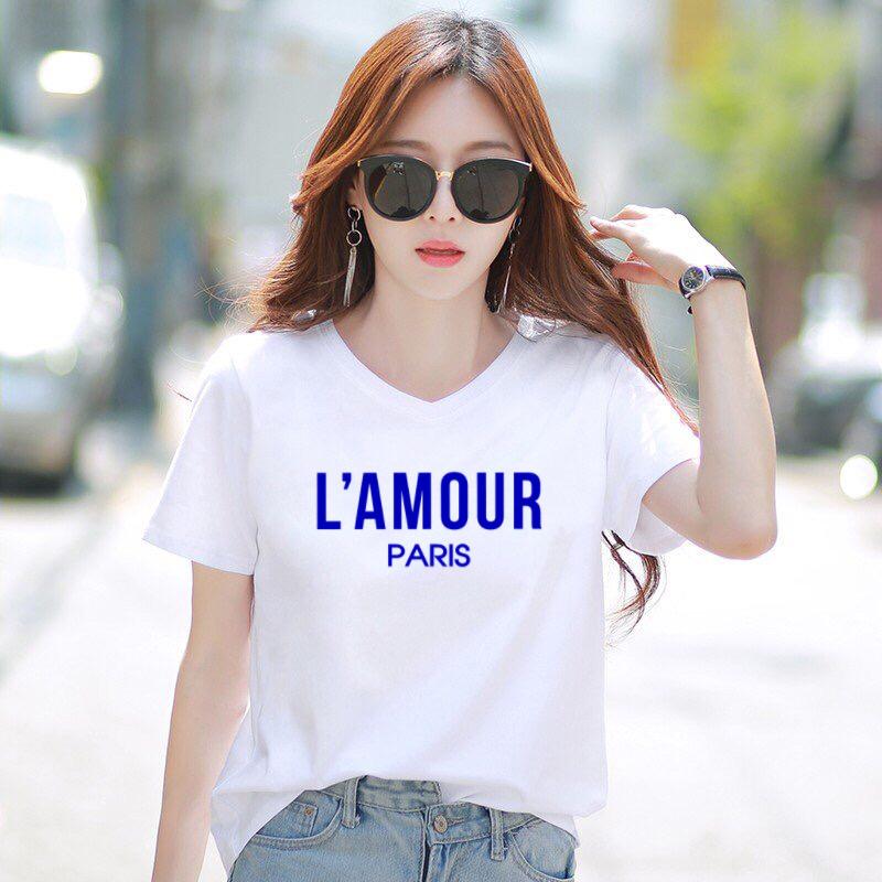 Áo thun nữ MXM form rộng cổ tim in chữ L'Amour cực xinh thun cotton 4 chiều từ 45-60kg