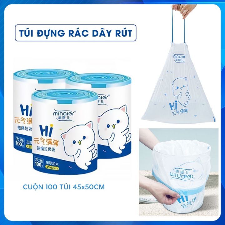 Túi đựng rác dây rút cuộn 100 túi chống rò rỉ nước, không sợ bẩn tay | Túi đựng rác cuộn 100 túi siêu dai kích thước 45*50