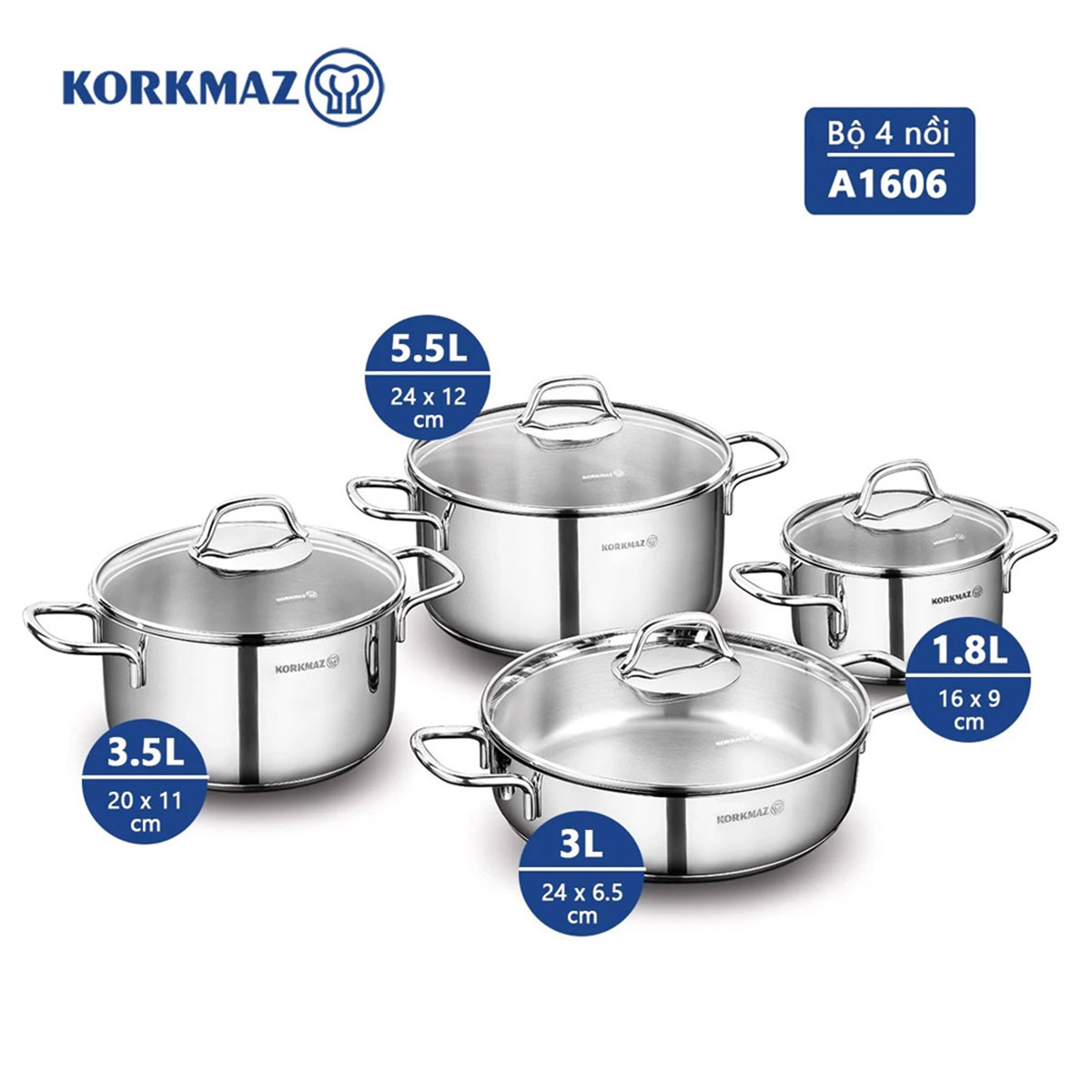 Bộ 4 nồi inox 18/10 Korkmaz Perla (nồi 1.8 lít/3.5 lít/5.5 lít/nồi thấp 3 lít)