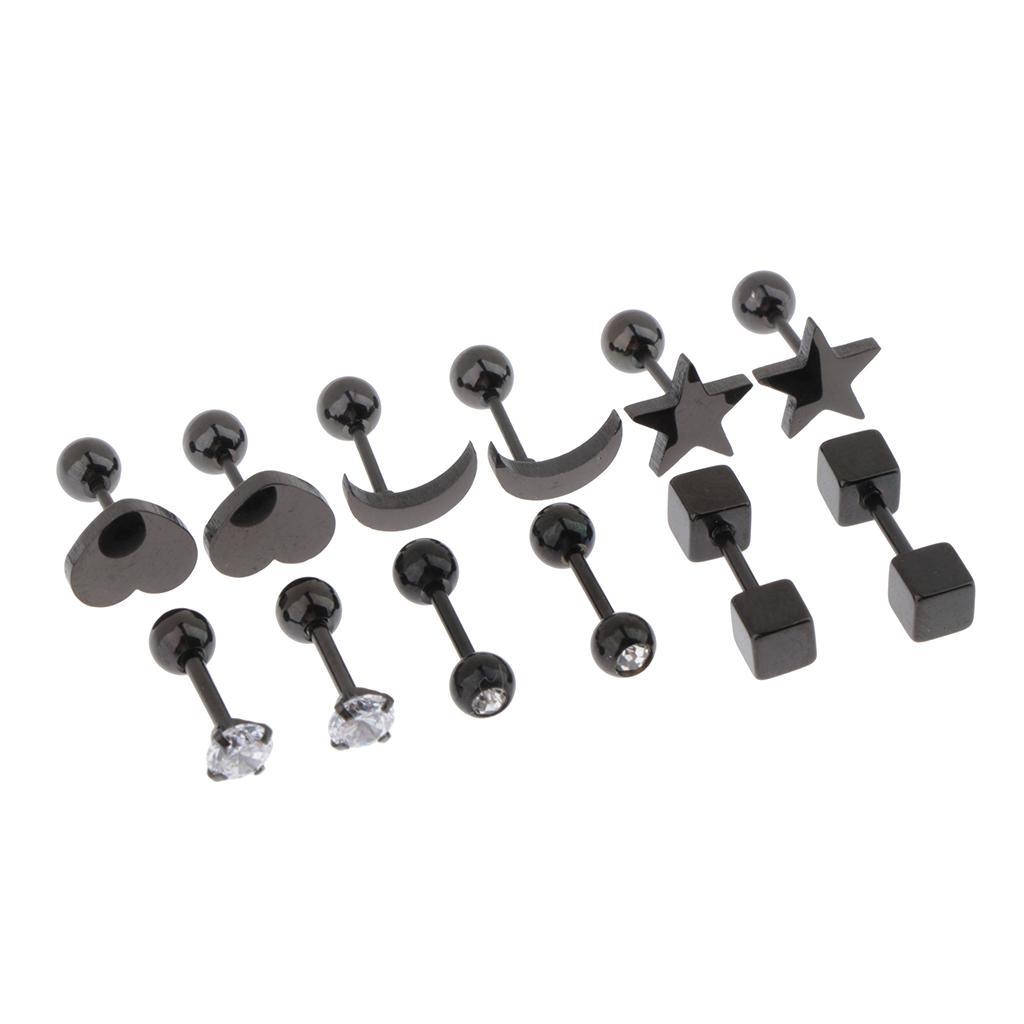 2X 6 Pairs Stainless Steel Ball Screw Back Earrings Star Heart Moon Stud Black