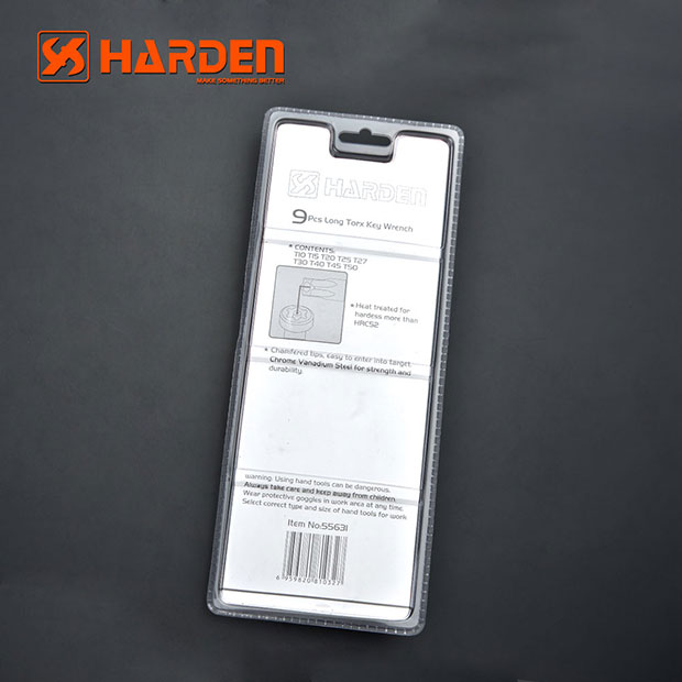 Bộ Lục Giác Đầu Sao 09 Chi Tiết HARDEN 540607 Loại Dài, Hàng Chính Hãng, Được Làm Từ Chất Liệu Thép Chrome Vanadium, Độ Cứng Cao. Sản Phẩm Đựng Trong Vỉ Nhựa Tiện Lợi Và Bền Đẹp. Thông số kỹ thuật : T10 、 T15 、 T20 、 T25 、 T27 、 T30 、 T40、T45 、 T50mm