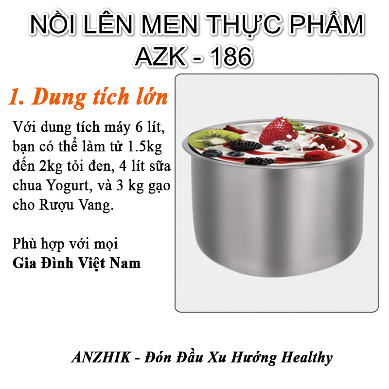 Máy lên men thực phẩm Anzhik 6 lít AZK-186 thế hệ mới - làm tỏi đen, sữa chua, yogurt, đậu nành(natto), enzyme trái cây, vang ngọt, kim chi - Hàng Chính Hãng