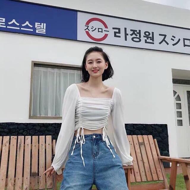 Áo rút dây đũi croptop bánh bèo