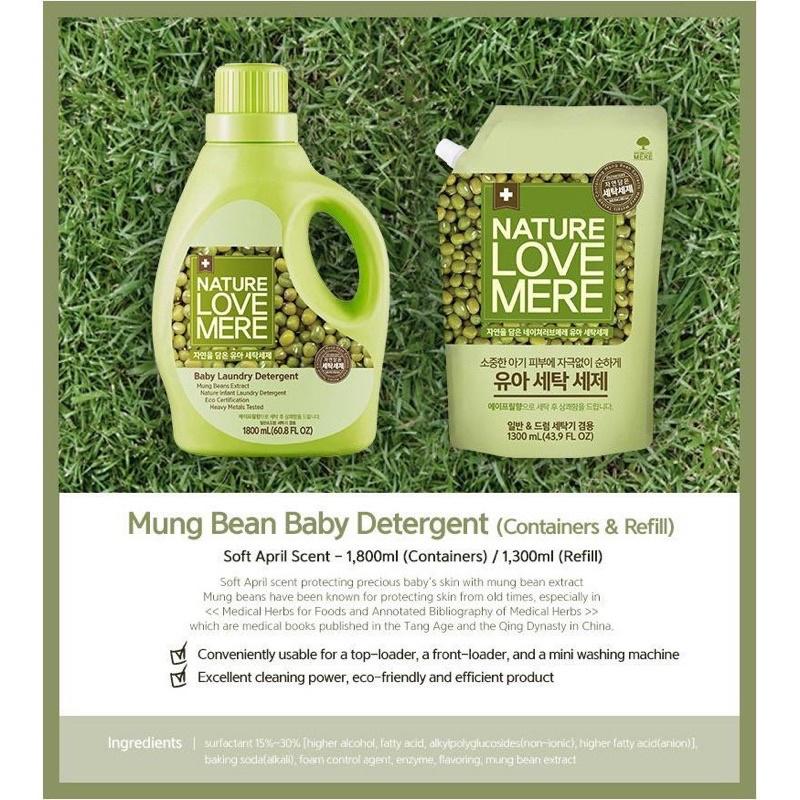 NƯỚC GIẶT/XẢ QUẦN ÁO CHO BÉ NATURE LOVE MERE MUNGBEAN DÒNG HẠT ĐẬU CHAI/TÚI 1800ml 1300ml