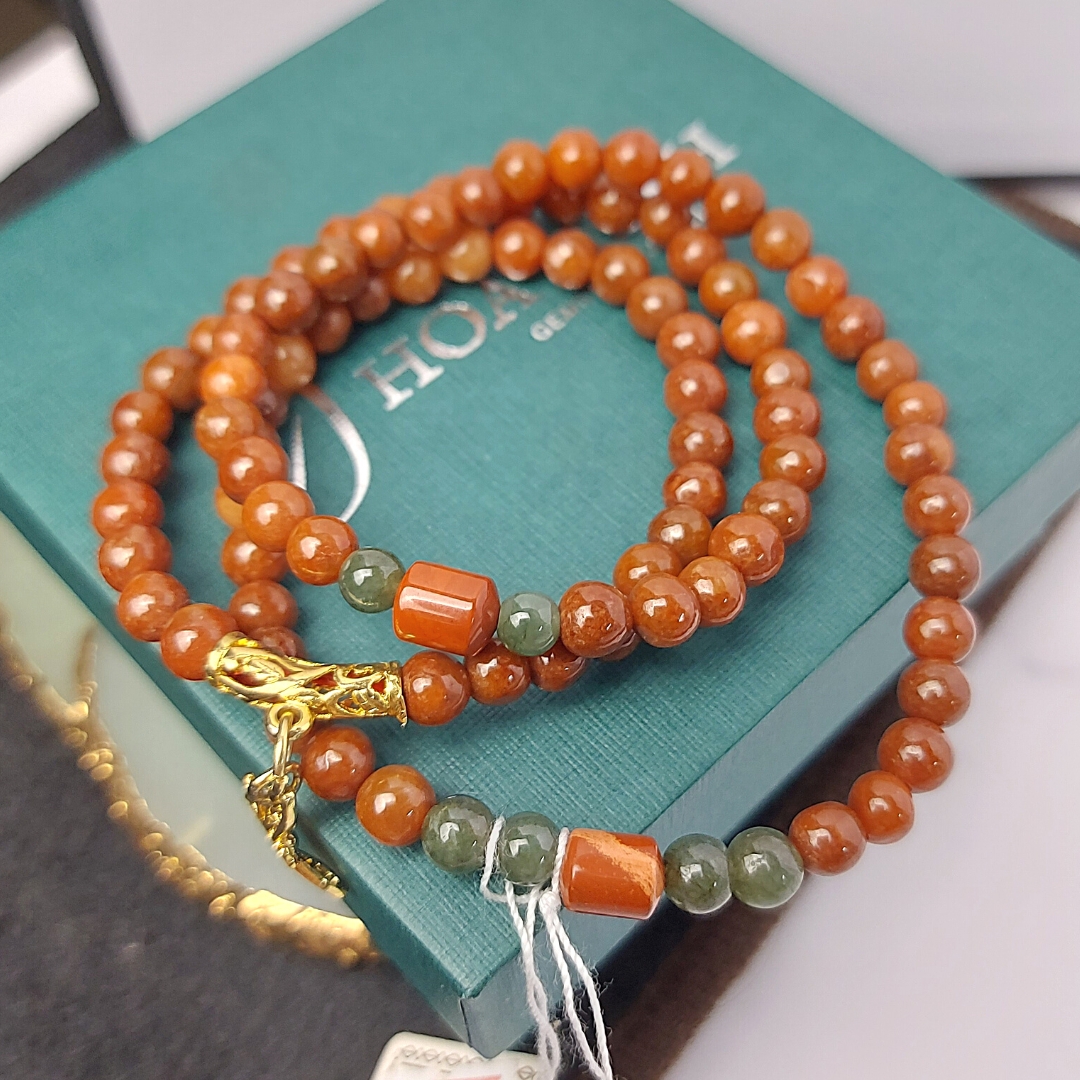 Vòng tay chuỗi Cẩm Thạch Huyết size 5.5 li phong cách đeo quấn 3 vòng phối charm bướm, ngọc jasper, có thể làm vòng cổ